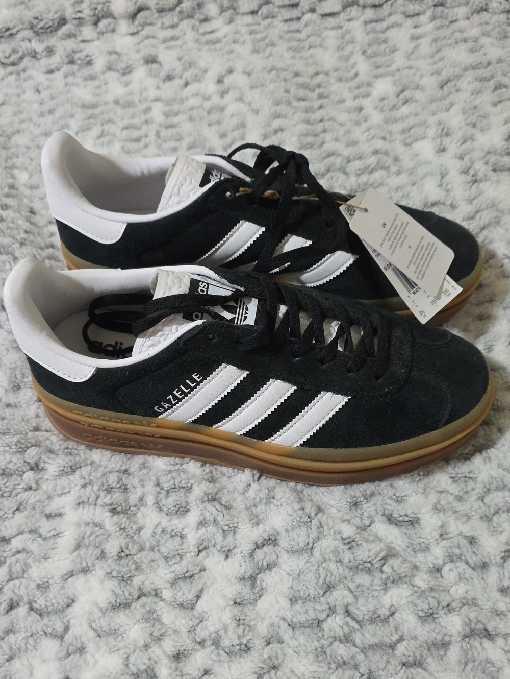 adidas Gazelle Bold Black Suede Sneakers with White Stripes and Gum Sole